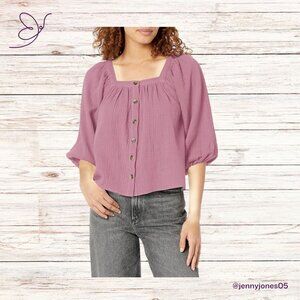 Purple Square Neck Button Front Crinkle Gauze Top-Size Large-NWT